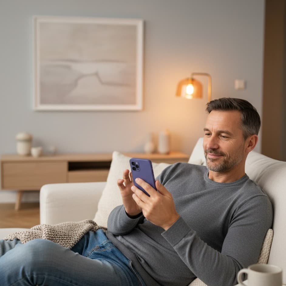 Hero Executives on his Sofa looking LinkedIn on his Phone